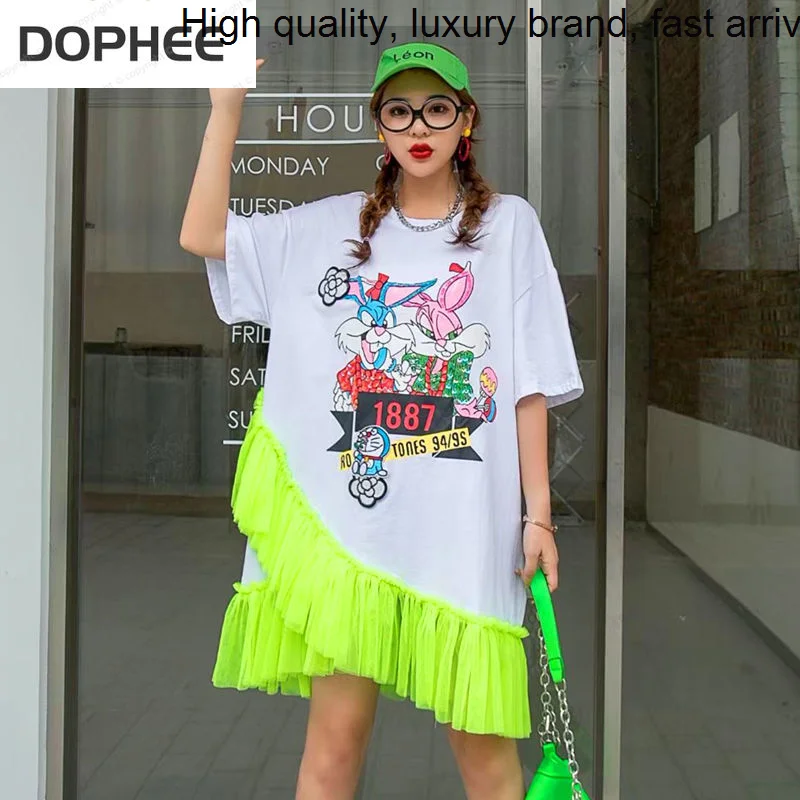 

Новинка лета 2023 футболка средней длины с коротким рукавом Свободные пуловеры оверсайз с круглым вырезом Топ Асимметричные кружевные мини-платья в стиле пэчворк