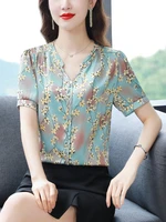satin blouse v neck short sleeve pretty and cheap womens blouses fashion women shirts 2022 elegant summer printed ladies top