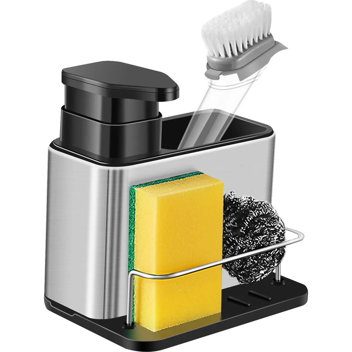 

Держатель для раковины из нержавеющей стали с дозатором для мыла, органайзер для кухонной раковины 3-в-1, многофункциональный держатель для губки, вешалка для полотенец с