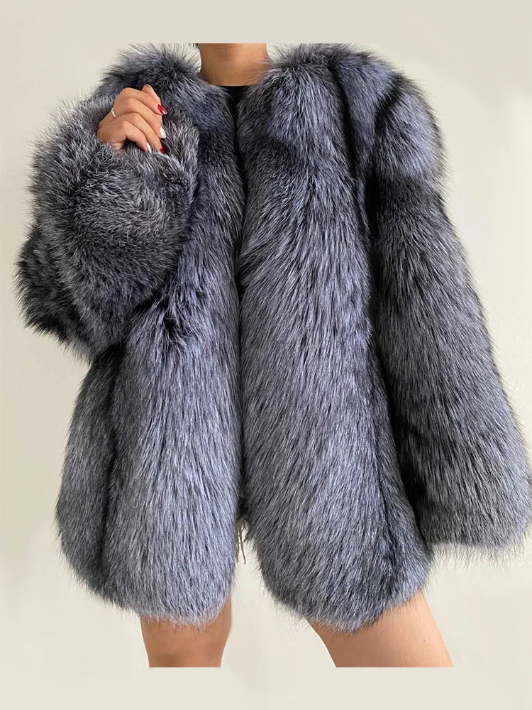 

FURYOUME 2022 Winter Women Real Silver Fox Fur Coat Wholeskin Natural Fur Jacket Ladies Luxury Outerwear Long Sleeves Overcoat