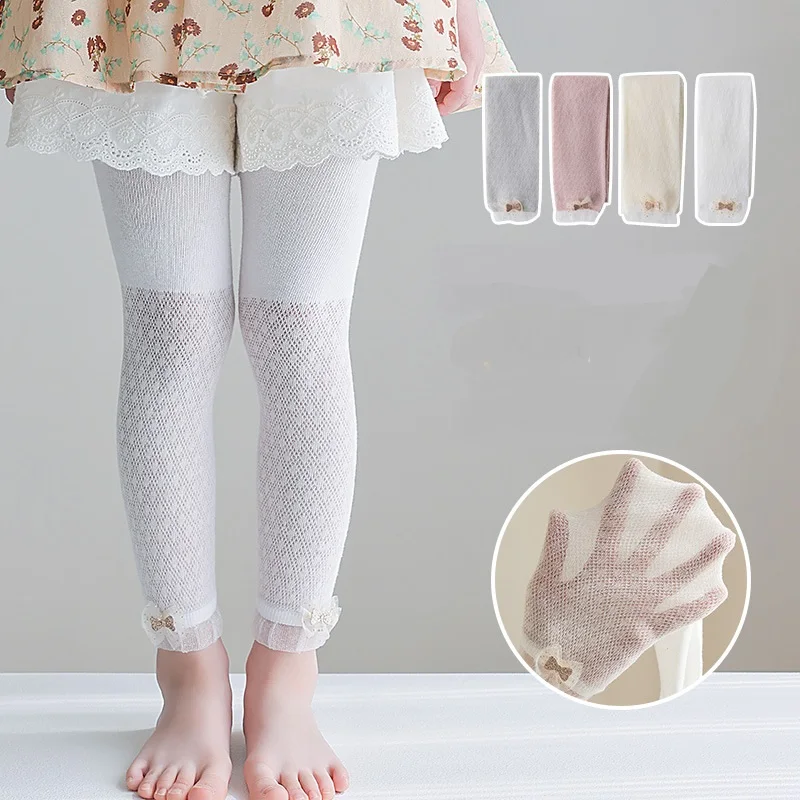

Летние леггинсы для девочек, кружевные сетчатые тонкие дышащие милые хлопковые мягкие детские колготки для малышей, брюки для девочек с бантиком