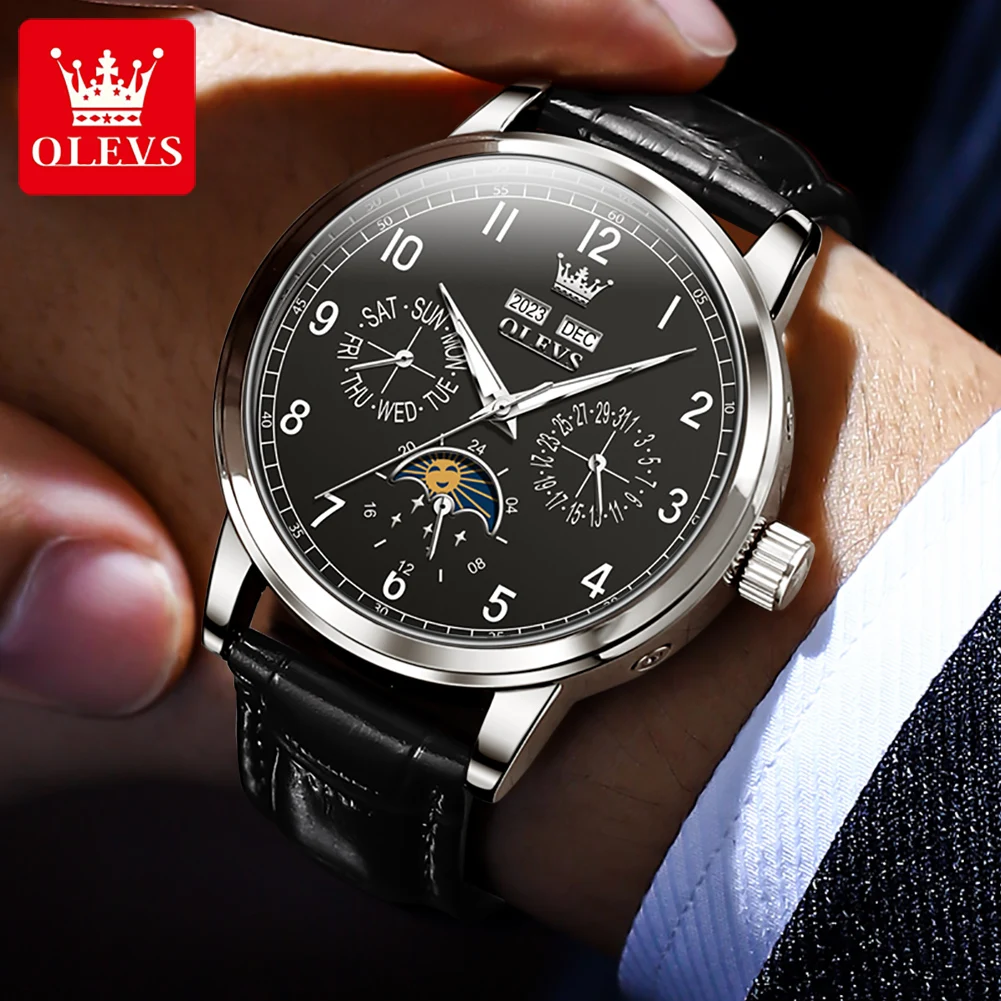 Мужские Водонепроницаемые механические часы с календарем и кожаным ремешком