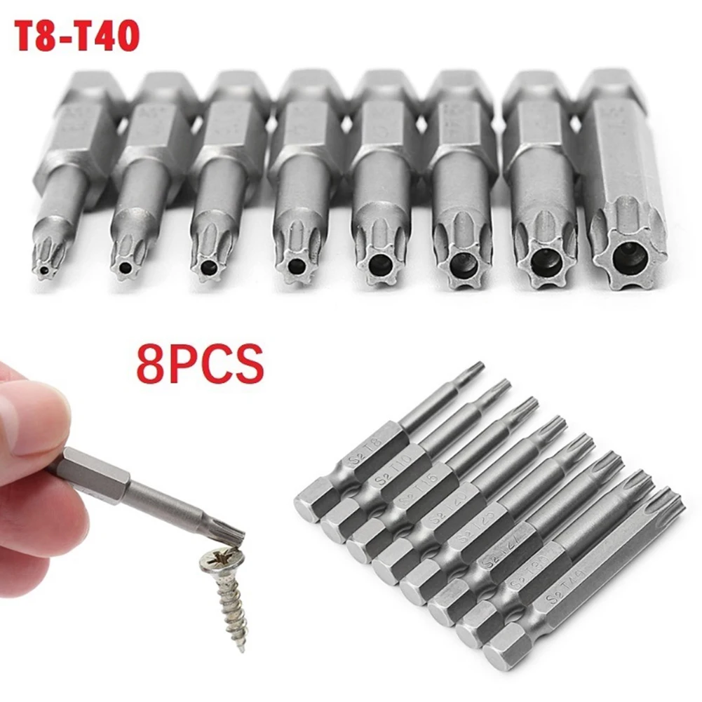 

8pcs 50mm Torx Screwdriver Bits T8-T40 1/4 Inch Hex Shank Electric Screw Driver Bit Set Hand Tools Hollow Screwdrivers