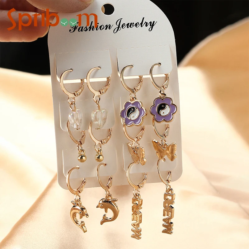 

Butterfly Flower Hoop Earrings Set for Women Girls Gold Dolphin Letter Earring 2022 Trendy Party Aesthetic Jewelry Female Gifts