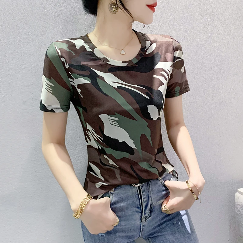 

2023 New Summer Korean Clothes Mesh T-Shirt Women Chic Sexy O-Neck Camouflage Print Tops Short Sleeve Bottoming Shirt Tees 36160