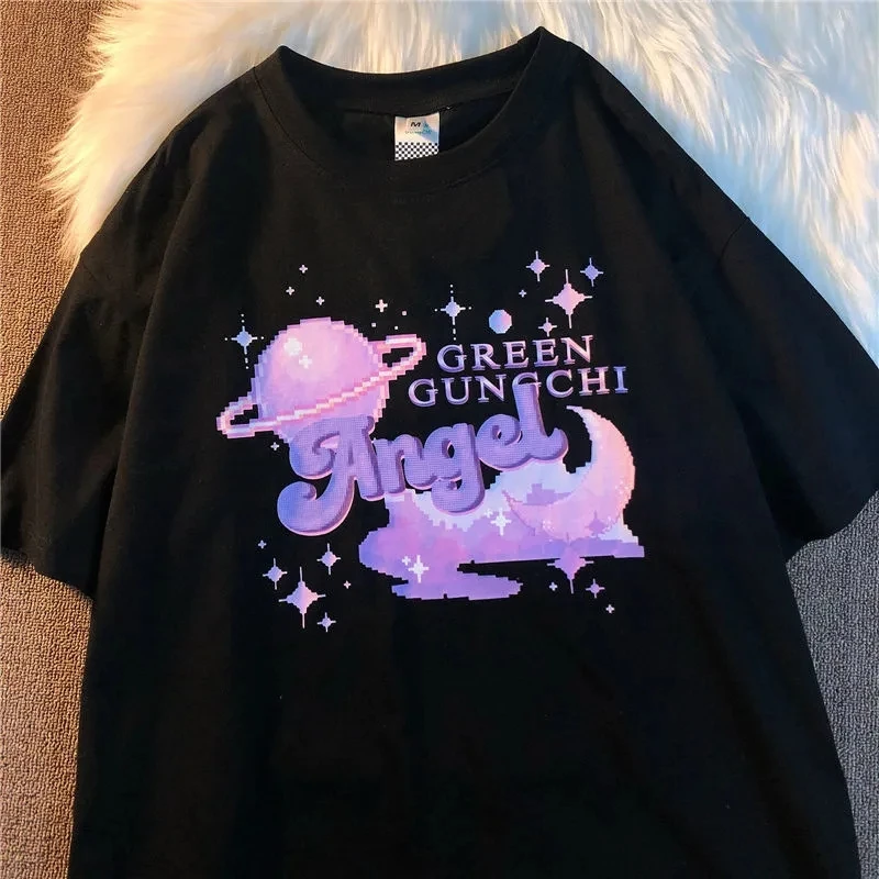 

New Women Tshirt Purple Planet Print Short-Sleeved T-Shirt Male and Female Students Niche Design Sense Loose Shirt Trend Gothic