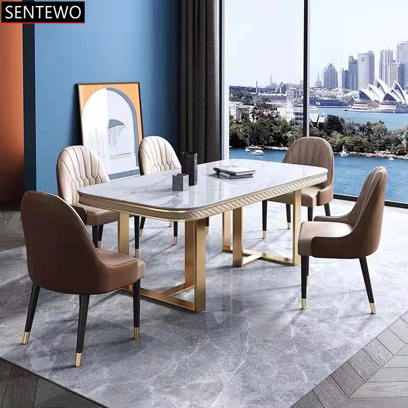 Modern Luxury Marble Dining Table Set 4 6 Chairs with Stainless Steel Gold Plating Base Dinning Tables Set Juegos De Comedor