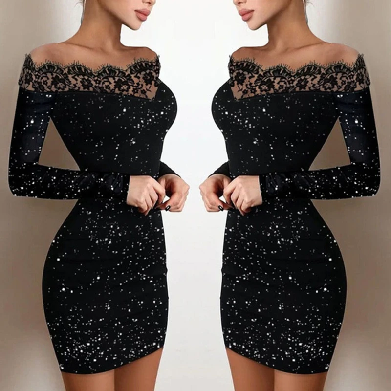 

Sexy Lace Women Mini Dress New Long Sleeve Slash Neck Turtleneck Dress Night Club Party Bodycon Dress Elegant Princess Dress
