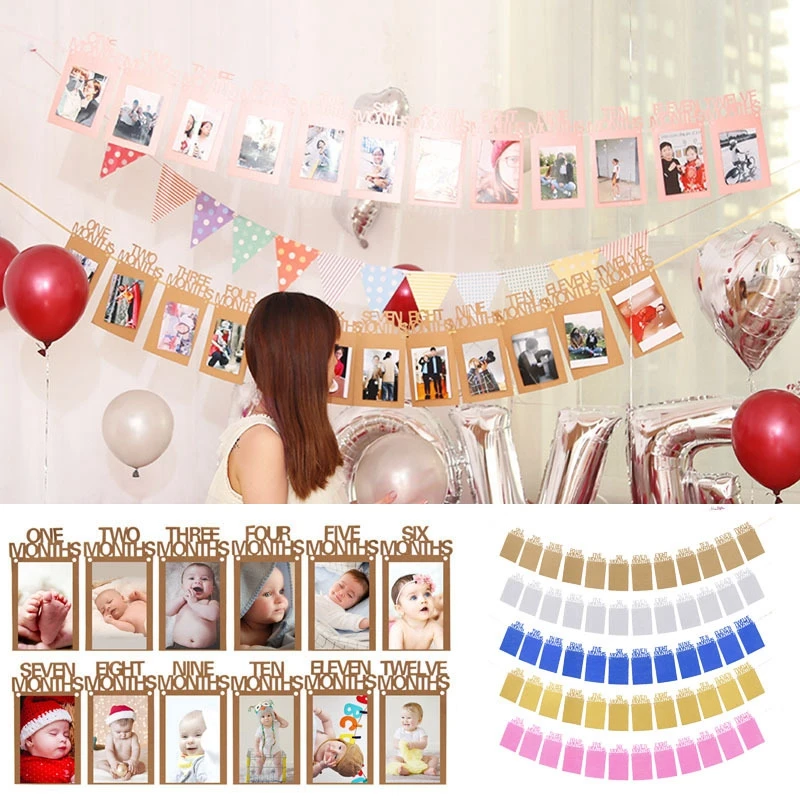 

1 Set 12 Months Photo Frame Banner Baby Photo 12 Months Milestone Boy Girl 1st Birthday Decor Garland First Birthday Party Flags