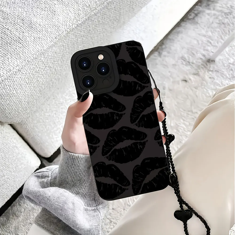 Фото Чехол для телефона с ремешком для iPhone 17 16 15 14 Pro Max 13 12 11 X XS XR 15 16 14 7 8 Plus 16E 17E, противоударный, в стиле Y2K, с черными губами, чехол-накладка №5