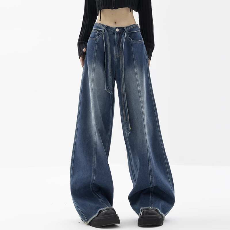 Autumn and Winter Jeans Women's Straight Loose Wide-Leg Pants Dark Blue Wash Wide Leg Mop Fleece