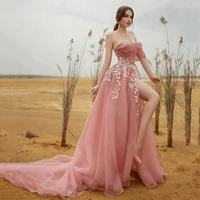pink a line appliques tulle prom dress sweetheart one shoulder straps evening gowns sexy high slit party