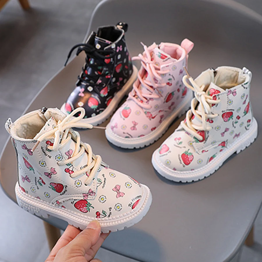 

New Baby Girls Winter Waterproof Cotton Warm British Style Leather Boots Kids Cute Strawberry Booties Children's Shoes