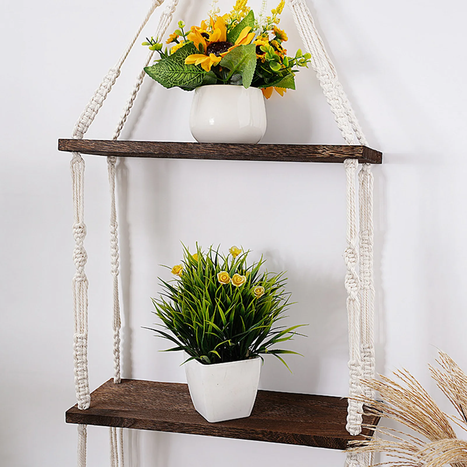 

Premium Wood Swing Hanging Cotton Rope Shelf Wall Mounted Floating Shelves Nordic Boho Plant Flower Pot Vase Decorative Rack