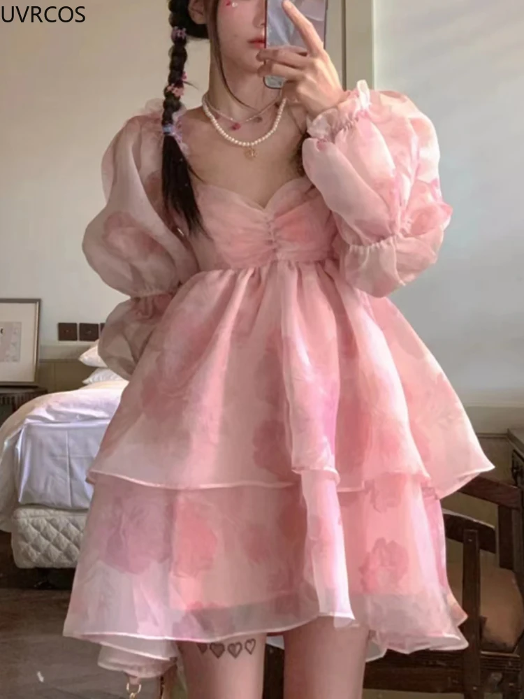 Летнее розовое платье сладкой Лолиты с принтом женское французское