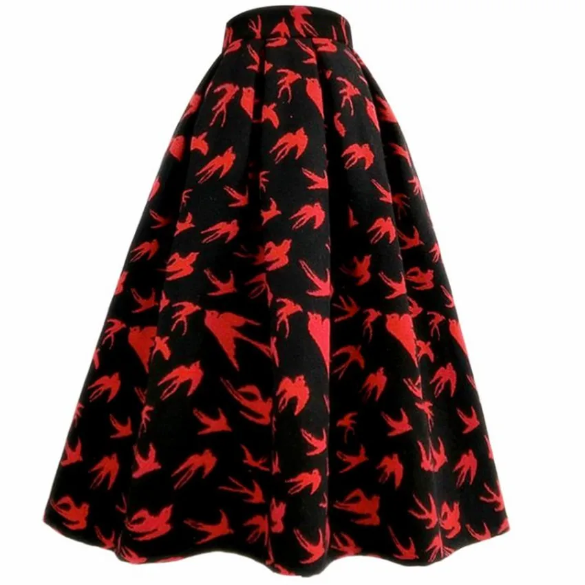 

Autumn Winter Vintage Swallow Embroidered Wool Umbrella Skirt Women High Waist Thick Warm Ball Gown Party