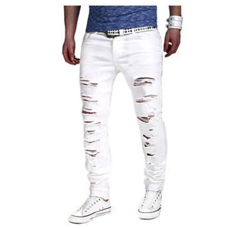 NEW 2022 Spring Autumn Fashion White Color Cotton Hip Hop Multi Ripped Hole Streetwear Harem Cargo Pants Men Pantalon Homme