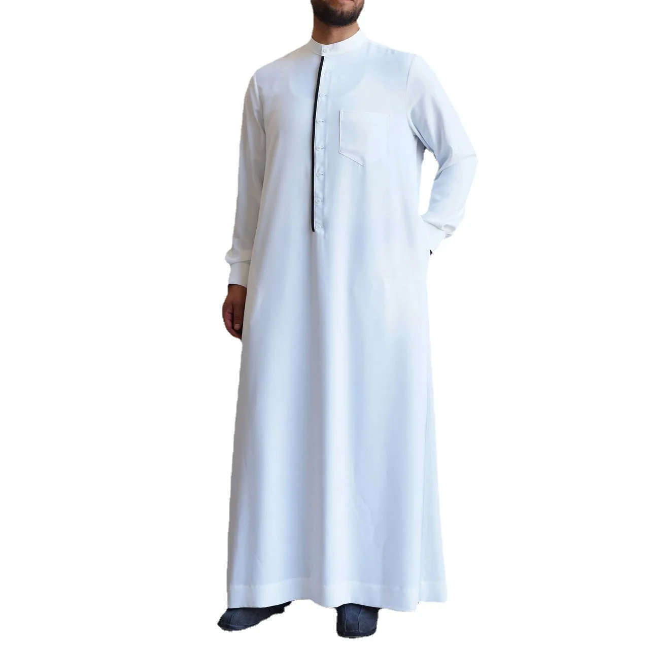 Ramadan Eid Muslim Fashion Men Robe Middle East Arabian Abayas Dubai Turkish White Islamic Clothing Buttons De Moda Musulmana