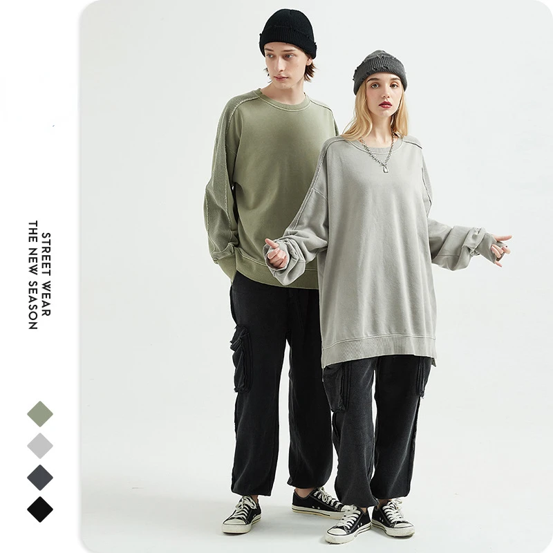 2022 Autumn New Sweatshirt Hip Hop solid color Pullover Streetwear Casual Fashion Clothes washed Mens Oversized Korean Harajuku