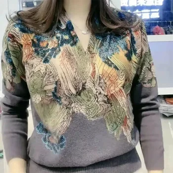 Autumn Winter Landscape Printing Diamonds Elegant Fashion Sweater Ladies 6XL Loose Casual All-match Pullover Top Knitting Jumper 2