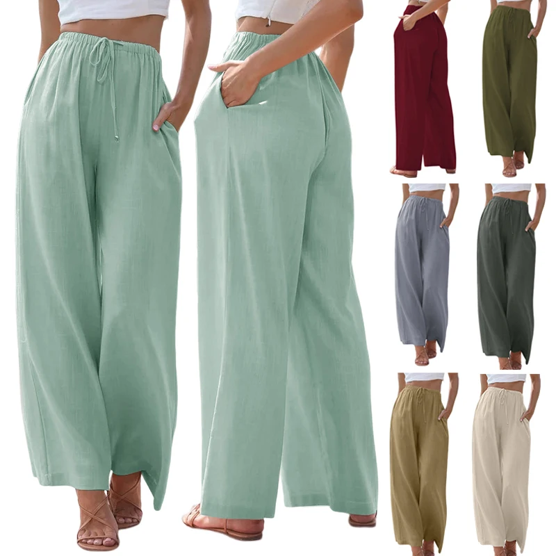 Summer Wide-Leg Pants Women Thin Breathable Loose Leggings High Waist Solid Color Pants Lady Casual Drawstring Long Trousers
