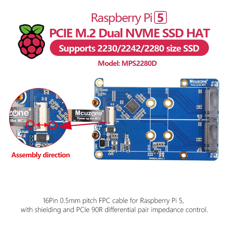 MPS2280D Raspberry Pi 5 PCIE M.2 Dual NVME SSD HAT с поддержкой твердотельного накопителя 2280/2242/2230