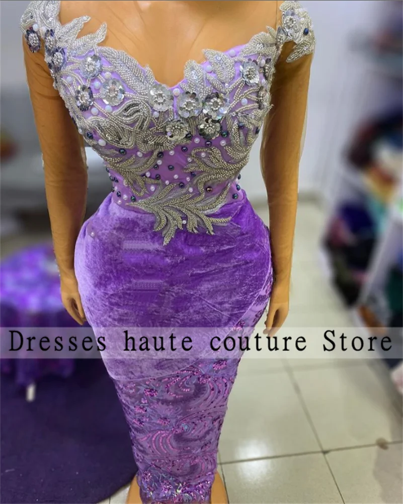 

Luxury Purple Velvet Pearls Evening Dresses 2023 For Women Sheer Sleeve Party Dresses Mermaid Prom Dress Vestidos De Fiesta