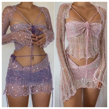Sequins Knitted 3 Piece Sets Women Sexy Long Flare Sleeve Cape  Lace Up Strapless Crop Tops Bodycon Mini Skirts Sexy Club Suits 1
