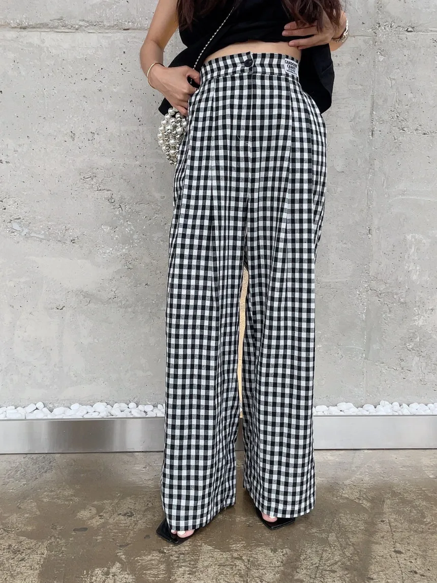 

SuperAen 2022 Summer Plaid Letter Label Elastic Waist Casual Wide Leg Pants Women Straight