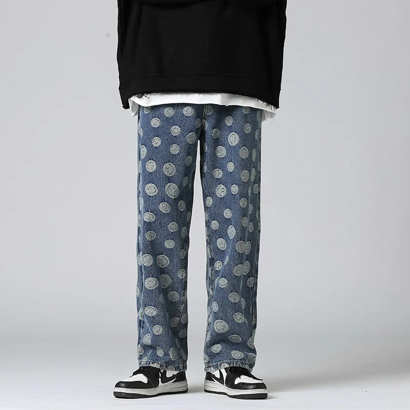 

Men's Jeans Trend Cartoon Smiley Print Straight Leg Loose Jeans Wide Leg Pants Fashion Streetwear Men Clothing джинсы для мужчин