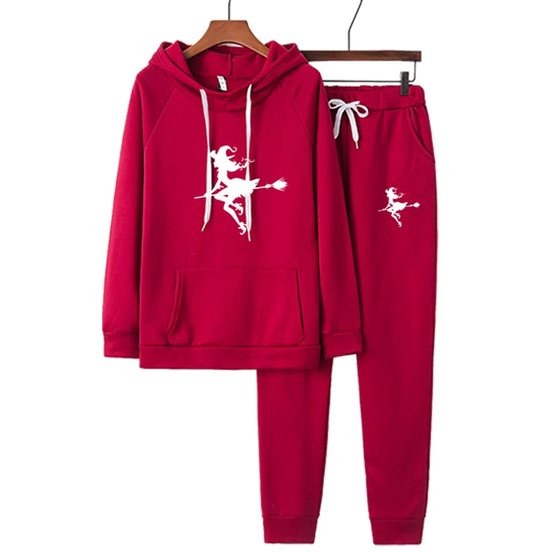 

Flying Witch Women Two Piece Set Tracksuits Top+Pant Suits Hoodie Pullover Sweatshirt Pockets Ensemble Female Suit Plus Size