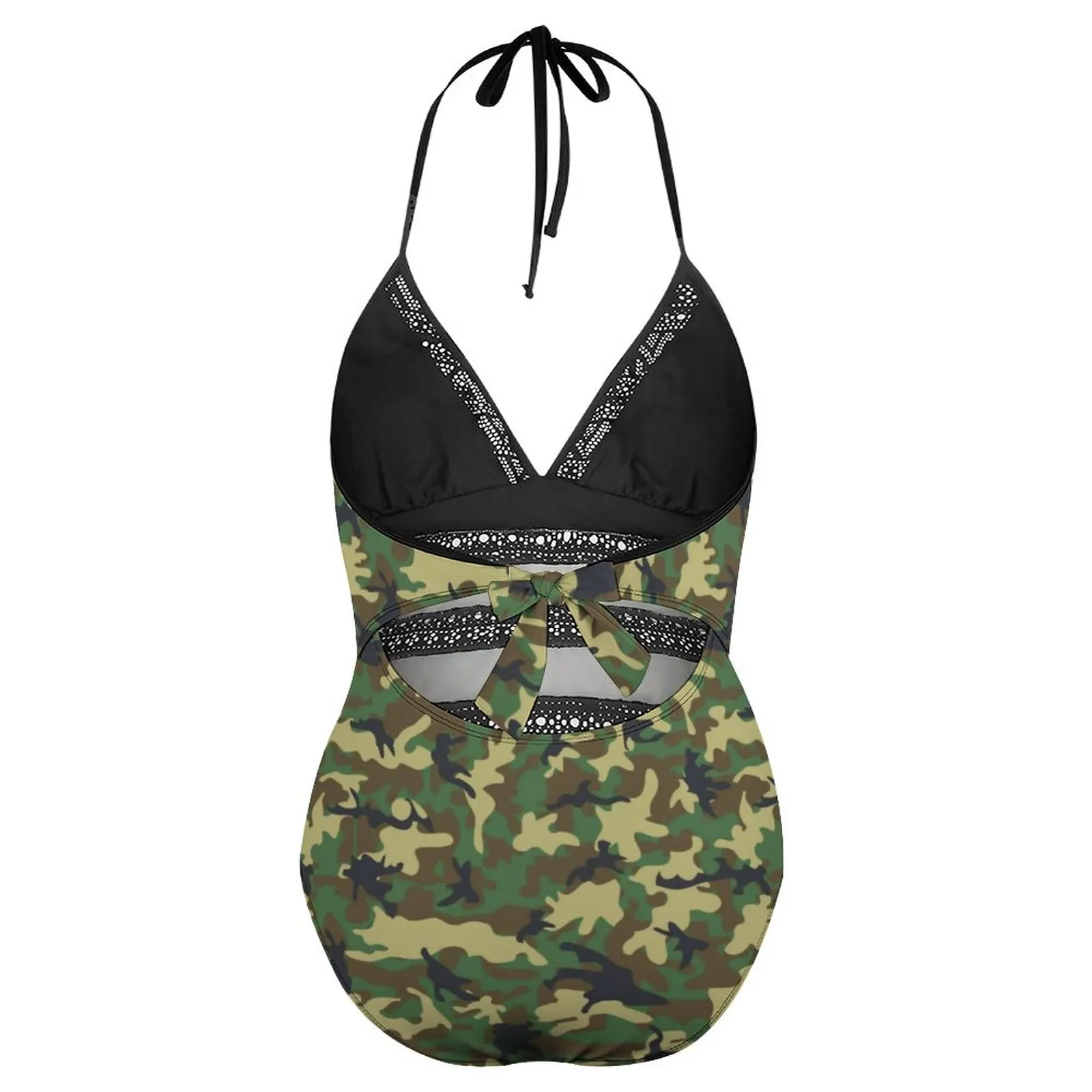 Камуфляжный купальник в стиле милитари зеленый слитный с камуфляжным принтом