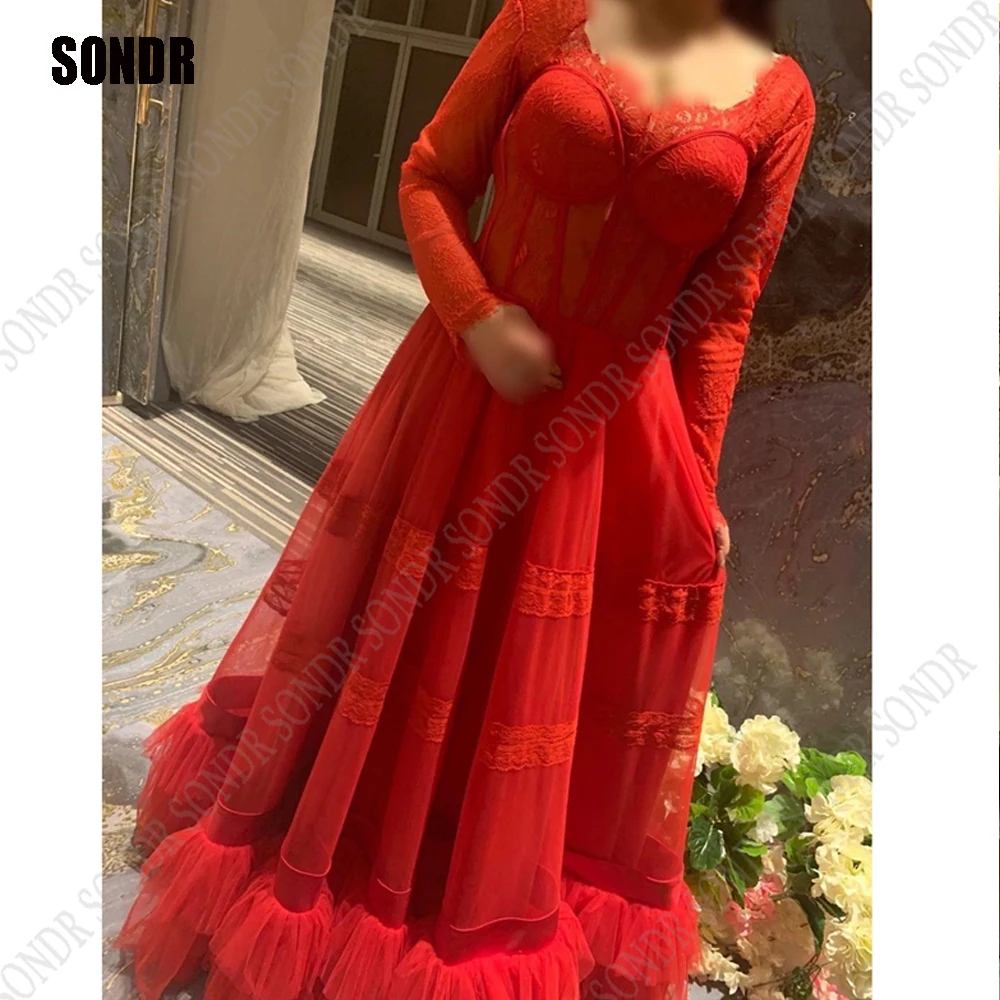 

SONDR NEW Red Lace A Line Prom Dresses Custom Arabic Women Appliqeus Long Sleeves Custom Evening Gowns Formal Party Dress