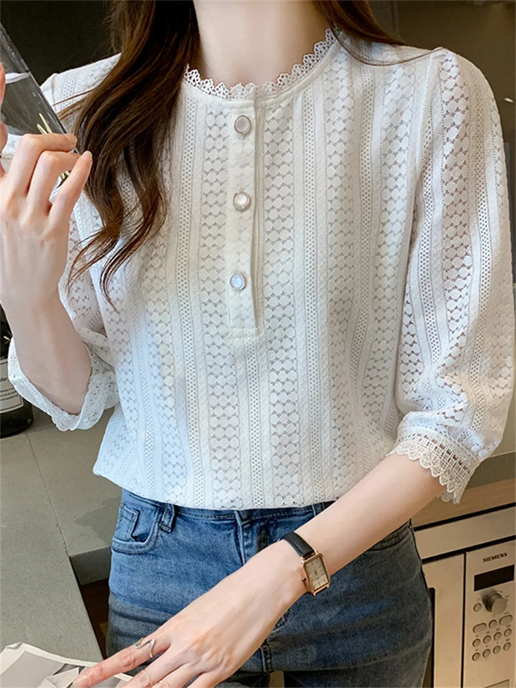 

Lace blouse women summer seven-minute sleeves new loose hollow western fashion design sense white shirt 012h,401-5