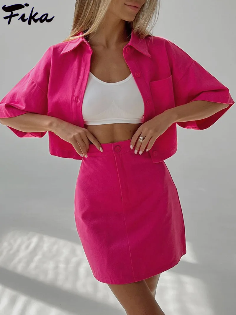 

High Street 2 Pieces Skirts Sets Lapel Short Sleeve Shirts Outwear Summer Outfit High Waist A-Line Mini Skirts Suits Women