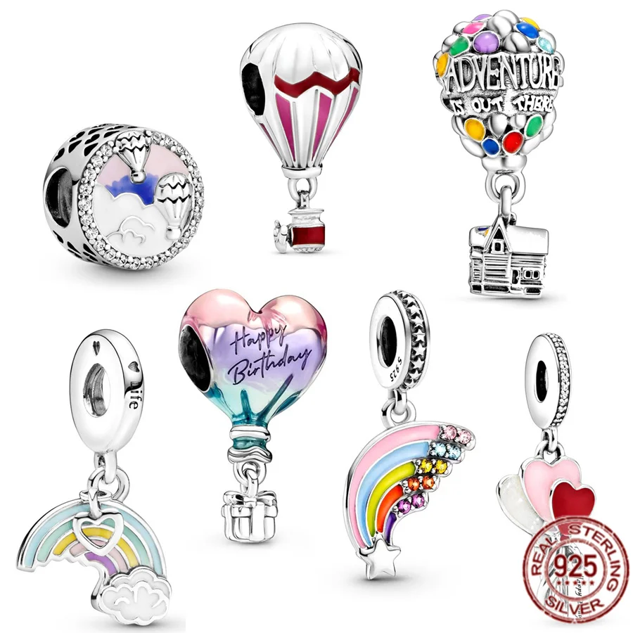 

Authentic Silver 925 Happy Bday Hot Air Balloon, Rainbow & Cloud Dangle Charm Bead Fit Original Pandora Bracelet Women