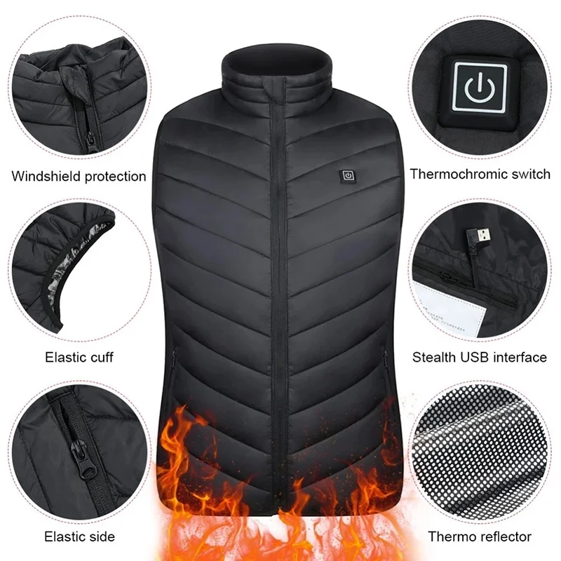 

15/4 Areas Heated Vest Men Women Usb Heated Jacket Heating Vest Thermal Clothing Hunting Vest Winter Heating Jacket BlackS-6XL