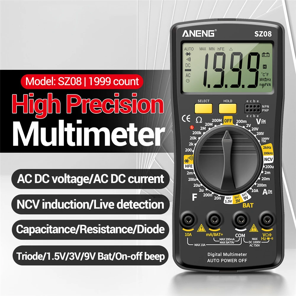 

SZ08 Digital Multimeter Professional Meter Auto Voltmeter AC DC 220V Resistance Handhold Testers Ultra-thin storage