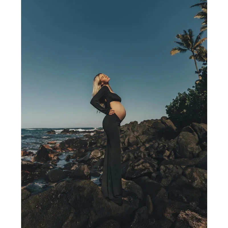 Платье для беременных женщин с открытым животом эластичное длинное платье