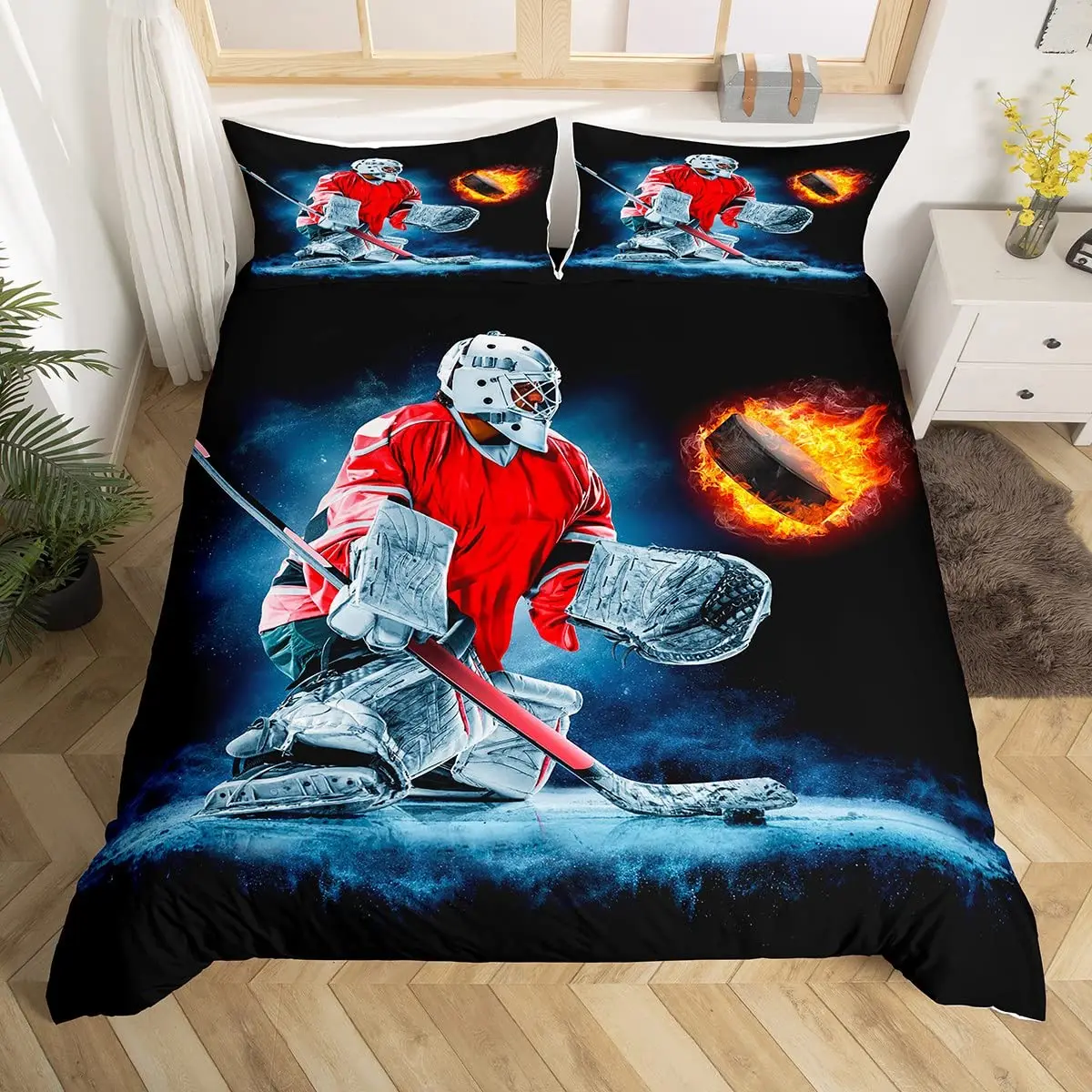 Hockey Duvet Cover Set 2/3pcs Ice Hockey Sports Comforter Cover Burning Hockey Puck Ball Queen Size Quilt Cover for Kids Boys