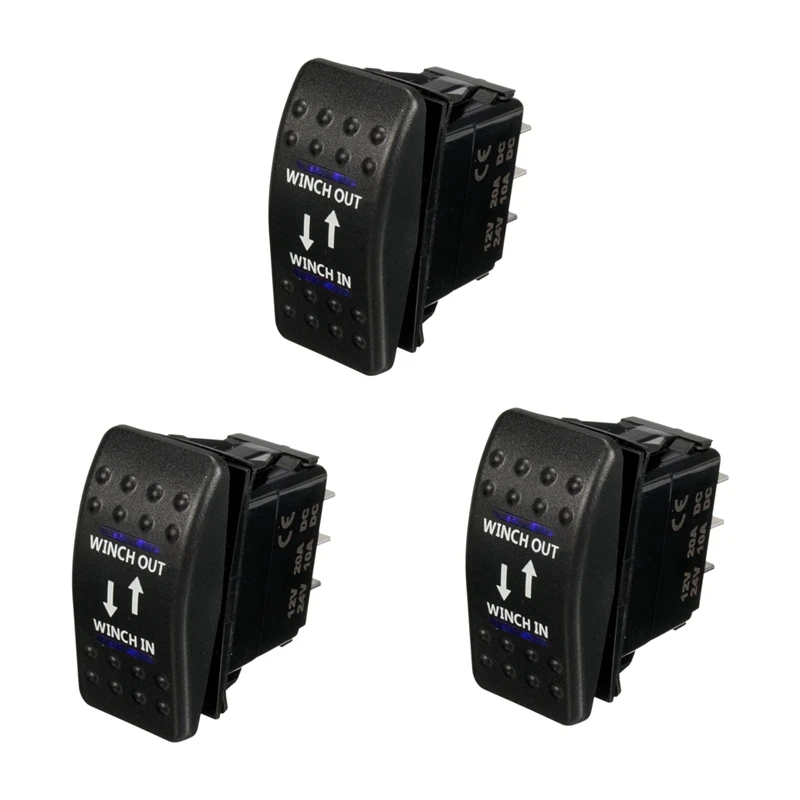 

3X 12V 20A Winch In Winch Out ON-OFF-ON Rocker Switch 7 Pin LED Blue