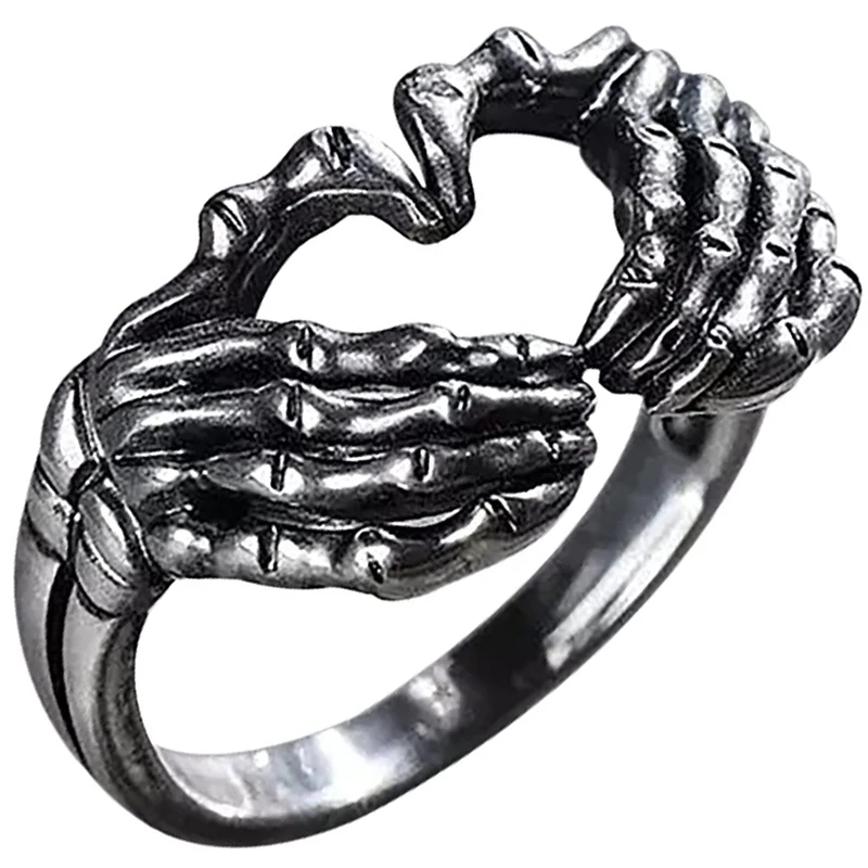 

Gothic Skeleton Skull Hand Heart Rings for Men Vintage Punk Love Gesture Finger Couple Ring Women Wedding Hip Hop Jewelry Gift