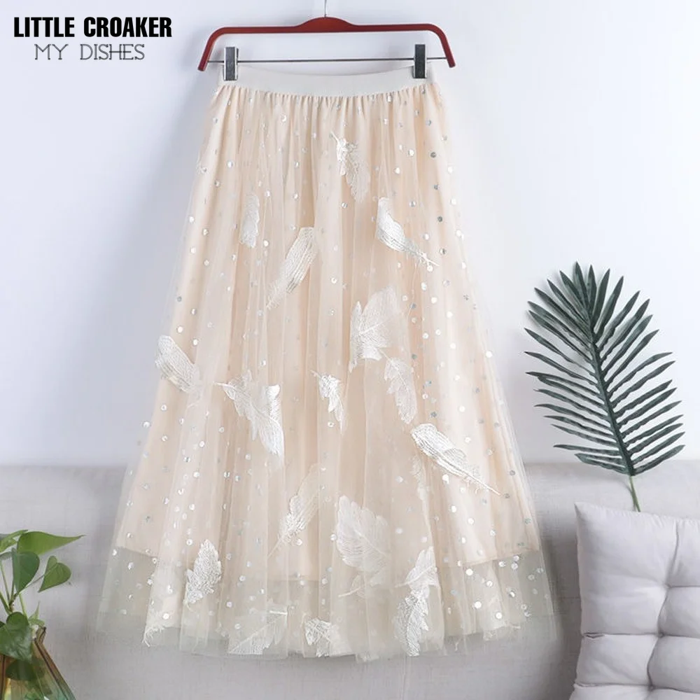 

Green Summer Irregular Embroidery Midi Long Tulle A-line Sequined Women Autumn Sweet Gradient Color High Waist Skirt Female