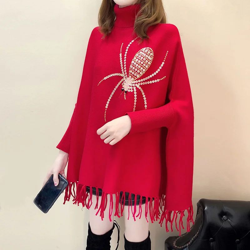 

#1201 Knitted Shawls And Wraps Women Sequins Loose Outerwear Batwing Sleeve Ponchos And Capes Asymmetrical Pullover Long Poncho