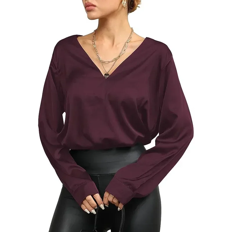 

Autumn Elegant Casual Loose Shirt Woman Long Sleeve Pullover Solid V-neck Satin Women Blouse Office Lady Silk Blouses Tops 29565
