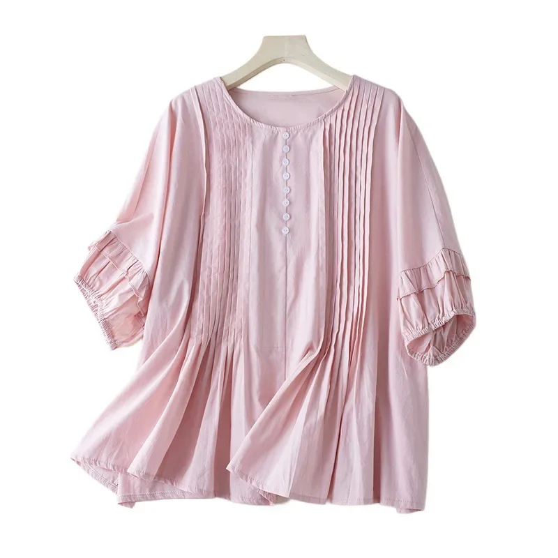 Летняя милая складка-аккордеон с круглым вырезом хлопково-льняная свободная