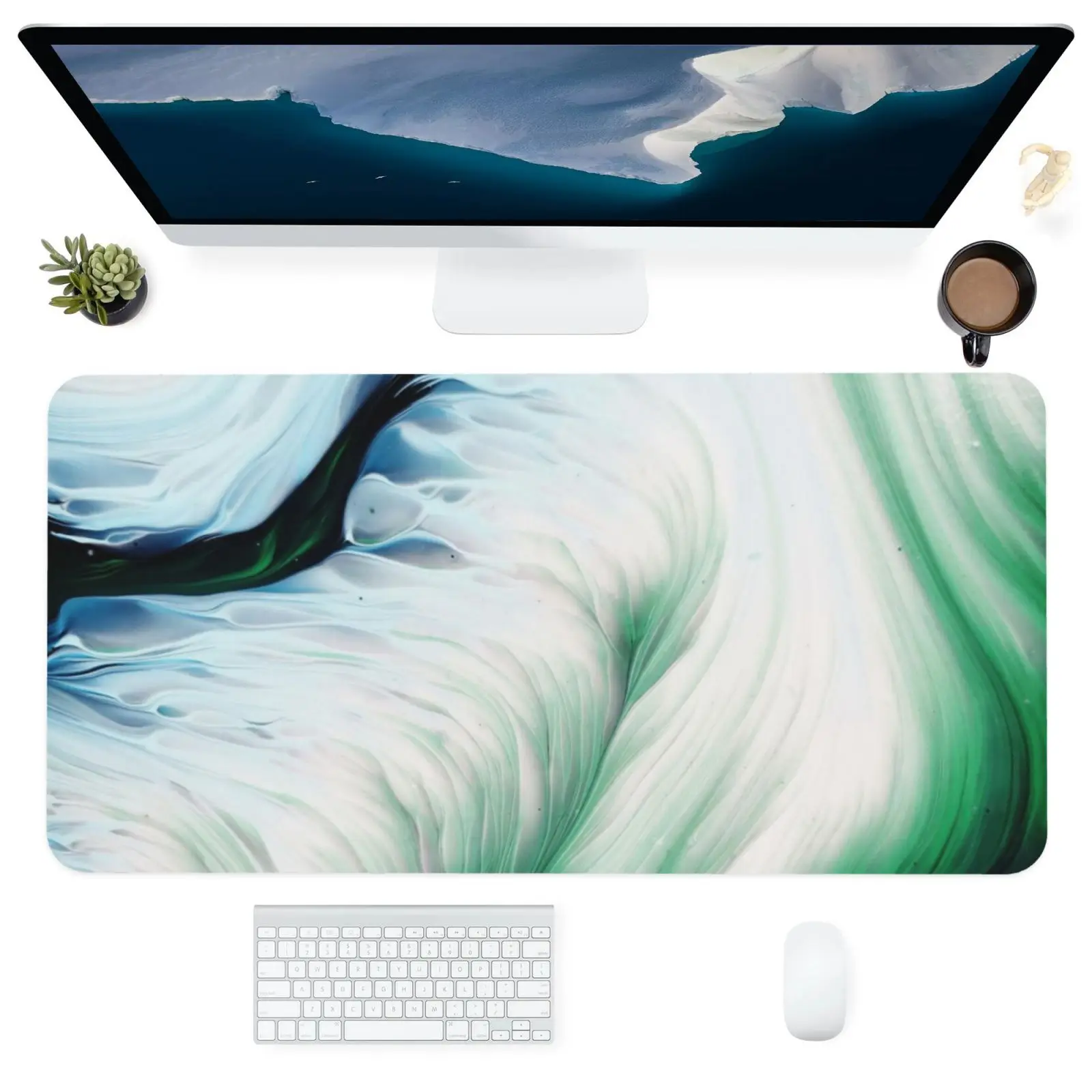 

MousePad Computer Office Supplies Accessories Square Dustproof Customized Mat Desk Painting Green White Art Pattern MousePad XXL