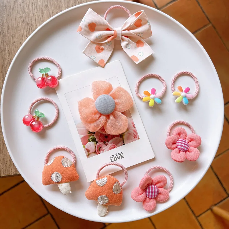 

10pcs Korean Sweet Kawaii Baby Girls Elastic Hair Bands Fabric Floral Bow Hair Rope for Kids Little Girl Hair Accessories