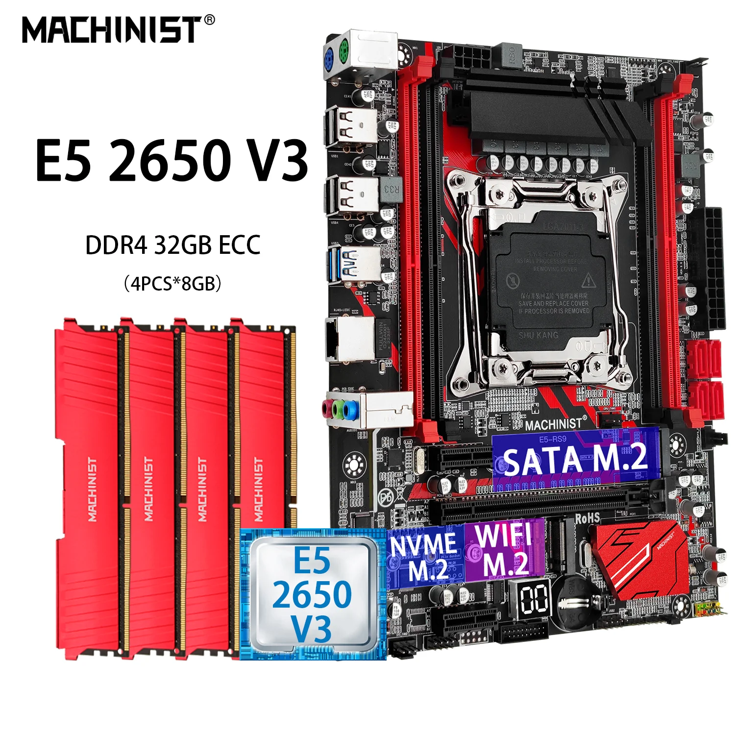 

MACHINIST E5 RS9 Kit Set Motherboard LGA 2011-3 With Intel Xeon E5 2650 V3 CPU 4*8GB=32GB DDR4 2133MHz Memory RAM Four Channel