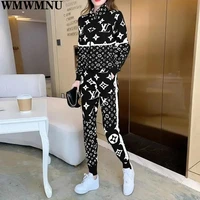 2022 autumn winter black knitted tracksuits women trend zipper cardigan sweater pencil pants spliced two piece set